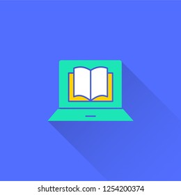 E-learning distance education vector icon with long shadow. Illustration isolated on blue background for graphic and web design.