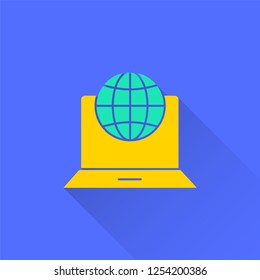 E-learning distance education vector icon with long shadow. Illustration isolated on blue background for graphic and web design.