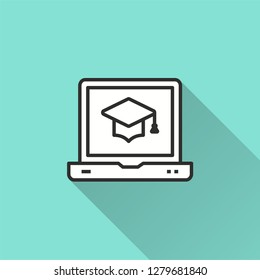 E-learning distance education vector icon with long shadow. Illustration isolated on blue background for graphic and web design.