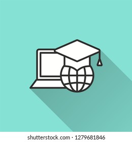 E-learning distance education vector icon with long shadow. Illustration isolated on blue background for graphic and web design.