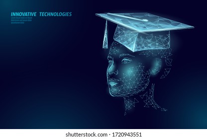 E-learning distance graduate certificate female concept. Low poly 3D render graduation cap webinar training master class banner template. Internet education course degree vector illustration