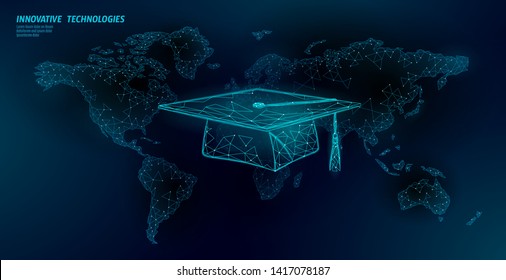 E-learning distance graduate certificate program concept. Low poly 3D render graduation cap on World map modern design banner template. Internet education course degree vector illustration