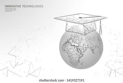 E-learning Distance Graduate Certificate Program Concept. Low Poly 3D Render Graduation Cap On Planet Earth World Map Banner Template. Internet Education Course Degree Vector Illustration