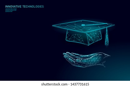 E-learning distance graduate certificate program concept. Low poly 3D render graduation cap on planet Earth World map banner template. Internet education course degree vector illustration - Shutterstock ID 1437731615
