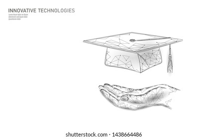 E-learning distance graduate certificate program concept. Low poly 3D render graduation cap on planet Earth World map banner template. Internet education course degree vector illustration