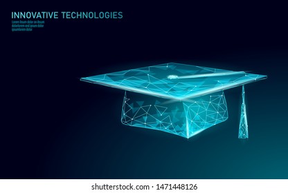 E-learning distance graduate certificate program concept. Low poly 3D render graduation cap. Business training success internet education course degree vector illustration