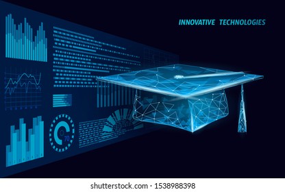 E-learning distance graduate certificate program concept. Low poly 3D render graduation cap HUD graph growth banner template. Internet education course degree vector illustration