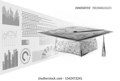 E-learning distance graduate certificate program concept. Low poly 3D render graduation cap HUD graph growth banner template. Internet education course degree vector illustration