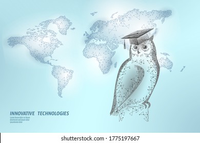 E-learning distance graduate certificate program concept. Low poly 3D render graduation owl cap Earth World map banner template. Internet education course degree vector illustration