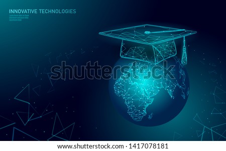 E-learning distance graduate certificate program concept. Low poly 3D render graduation cap on planet Earth World map banner template. Internet education course degree vector illustration