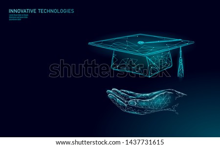 E-learning distance graduate certificate program concept. Low poly 3D render graduation cap on planet Earth World map banner template. Internet education course degree vector illustration
