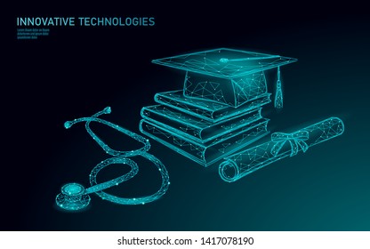 E-learning distance medicine graduate certificate program concept. Low poly 3D render graduation cap diploma and stethoscope banner template. Internet education course degree vector illustration