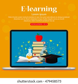 E-learning, distance studying and education. Vector illustration, flat modern design.