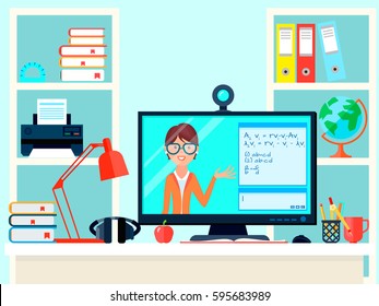 E-learning distance teacher training composition with remote teaching video call domestic workplace with computer screen vector illustration