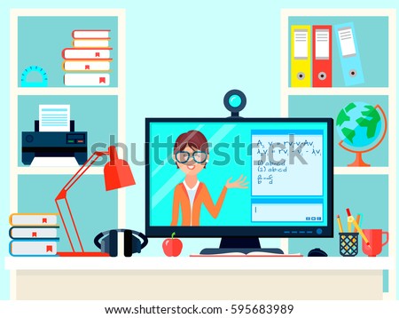 E-learning distance teacher training composition with remote teaching video call domestic workplace with computer screen vector illustration