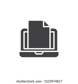 E-learning document file vector icon. filled flat sign for mobile concept and web design. Laptop with file glyph icon. Symbol, logo illustration. Vector graphics