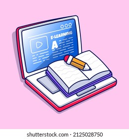 E-learning doodle, with colored hand drawn laptop, book and pencil illustration