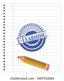 E-Learning draw (pen strokes). Blue ink. Vector Illustration. Detailed.