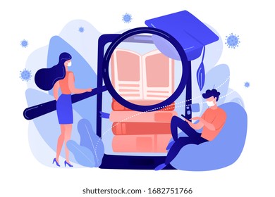 E-learning during global covid pandemic concept. Students on self-isolation reading e-books in smartphone education app. Mobile learning application concept. Coral blue vector isolated illustration