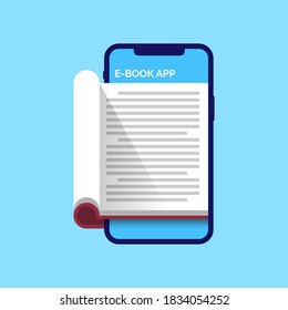 E-Learning con la aplicación E-Book sobre el concepto de dispositivo móvil metáfora ilustración de diseño plano vector. moderno, limpio, sencillo estilo icono, signo, símbolo, logotipo