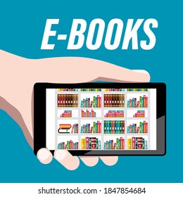 E-learning, E-books on Mobile Phone in Hand - Ebook - Caricatura de vectores de concepto de aprendizaje en línea