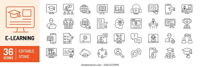 e-Learning editable stroke outline Icons set. E-Learning, online education, global education, distance learning, e-book, online test, webinar, teacher and graduation. Vector illustration