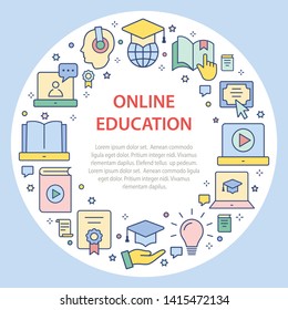 E-learning education circle template flat icons. Set of education, webinar, distance, student, training, online and more.