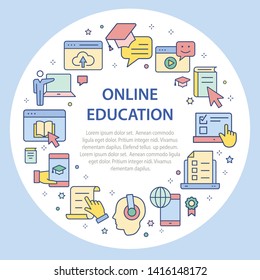 E-learning education circle template flat icons. Set of education, webinar, distance, student, training, online and more.