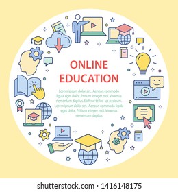 E-learning education circle template flat icons. Set of education, webinar, distance, student, training, online and more.