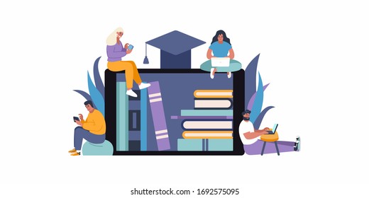 E-learning education concept flat vector illustration. People accessing knowledge and online library. Online education and books access. Stay at home