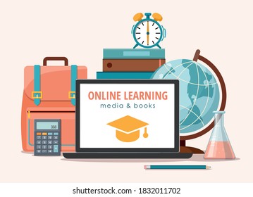 E-learning and education concept. School supplies. Back to school. Vector