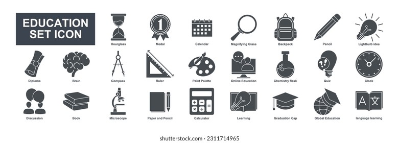 e-learning education elements Flat set icon symbol template for graphic and web design collection. Book, Microscope, certificate, Diploma, Pencil and more logo vector illustration