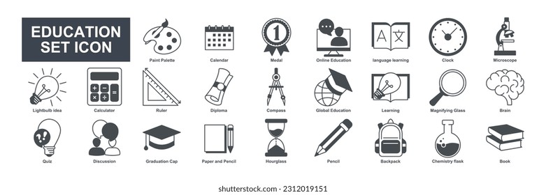 e-learning education elements Flat set icon symbol template for graphic and web design collection. Book, Microscope, certificate, Diploma, Pencil and more logo vector illustration