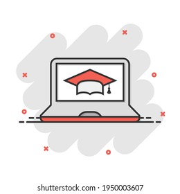 Elearning education icon in comic style. Study vector cartoon illustration pictogram. Laptop computer online training business concept splash effect.
