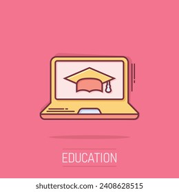 Elearning education icon in comic style. Study vector cartoon illustration pictogram. Laptop computer online training business concept splash effect.