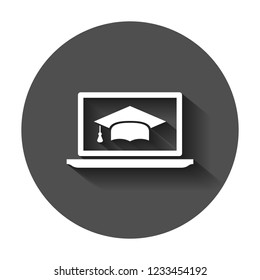 Elearning education icon in flat style. Study vector illustration with long shadow. Laptop computer online training business concept.