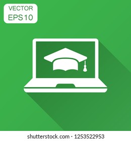 Elearning education icon in flat style. Study vector illustration with long shadow. Laptop computer online training business concept.