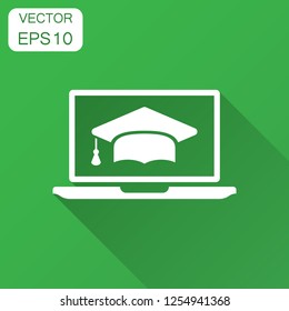 Elearning education icon in flat style. Study vector illustration with long shadow. Laptop computer online training business concept.