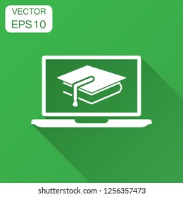 Elearning education icon in flat style. Study vector illustration with long shadow. Laptop computer online training business concept.