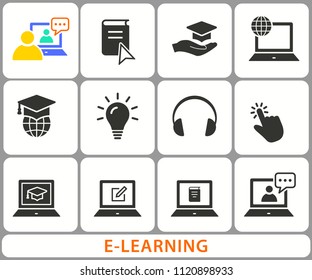 E-learning education icons. Set of graduation cap, training, laptop, learn online, webinar symbols. Black vector illustrations isolated on white. Simple pictograms for graphic and web design.