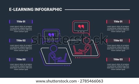 E-learning education infographic process diagram with people working learning online together from separate place with dark background bright outline style 6 points vector