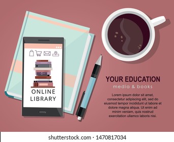 E-learning education internet library or book store. Mobile phone application. Top viewVector illustration.