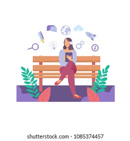 E-learning Education Internet Networking Sharing Concept.Young woman holding a tablet computer in a bench. Flat vector illustration