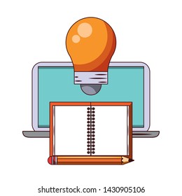 elearning and education laptop and bulb light with book and pencil symbols vector illustration graphic design