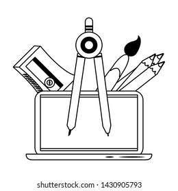 elearning and education laptop and compass with pencils brush and shaperner symbols vector illustration graphic design