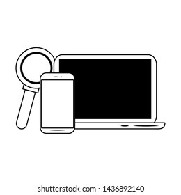 elearning and education laptop and smartphone with magnifying glass symbols vector illustration graphic design