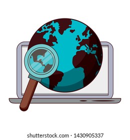 elearning and education laptop and world with magnifying glass symbols vector illustration graphic design