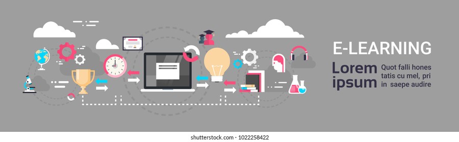 E-learning Education Online Background With Copy Space Global Distance Learning Concept Horizontal Banner Flat Vector Illustration