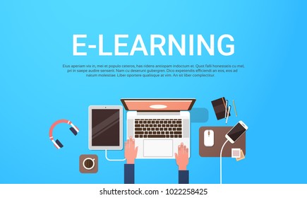 E-learning Education Online Banner With Student Laptop Computer Workplace Top View Background With Copy Space Flat Vector Illustration