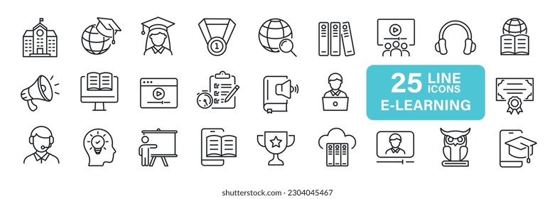 E-learning, education, online school, webinar thin line icons. For website marketing design, logo, app, template, ui, etc. Vector illustration.